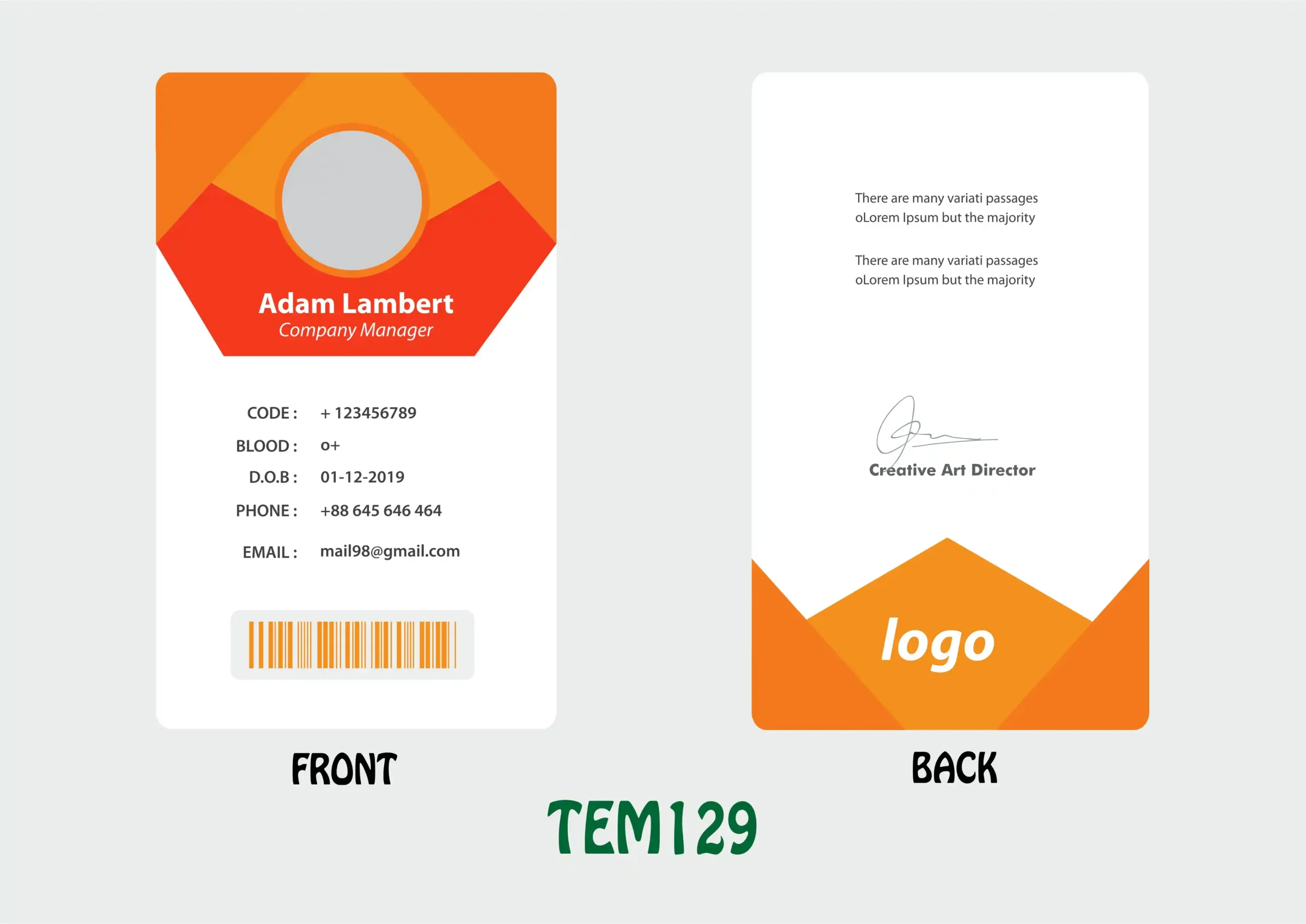 TEM129 ID Card - TEM129 - Image 1